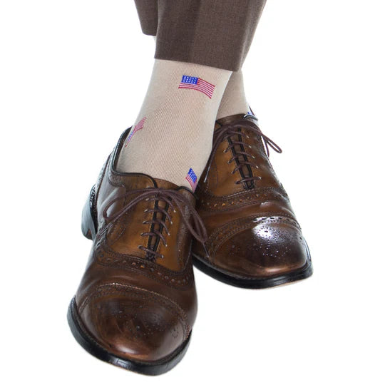 Dapper Classics Tan with American Flags Mid Calf Cotton Sock