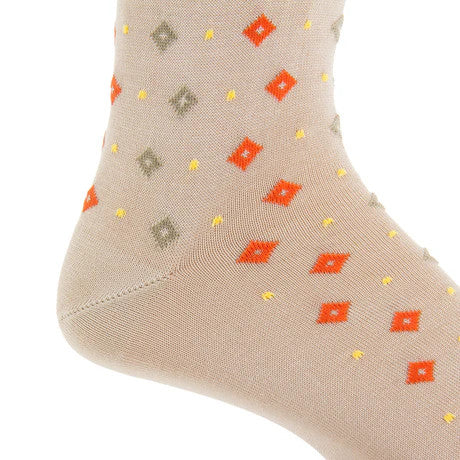 Dapper Classics Tan with Tigerlily Orange and Yolk Dots in Diamonds Cotton Sock Linked Toe