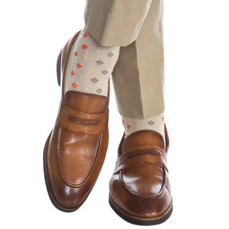 Dapper Classics Tan with Tigerlily Orange and Yolk Dots in Diamonds Cotton Sock Linked Toe