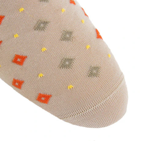 Dapper Classics Tan with Tigerlily Orange and Yolk Dots in Diamonds Cotton Sock Linked Toe