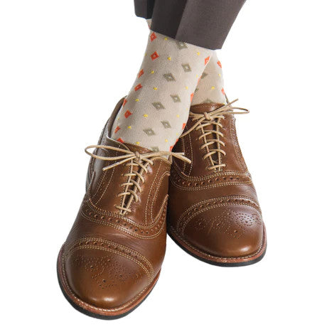 Dapper Classics Tan with Tigerlily Orange and Yolk Dots in Diamonds Cotton Sock Linked Toe