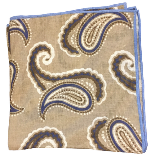 Seaward and Stearn Large Tan and Blue Paisley Pocket Square