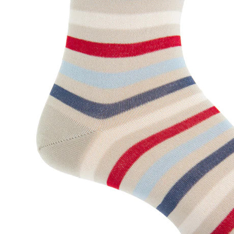 Dapper Classic Tan, Cream, Red, Sky Blue and Indigo Blue Quad Stripe Cotton Sock Linked Toe