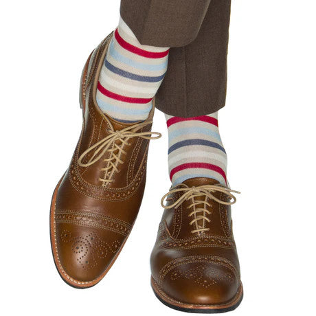 Dapper Classic Tan, Cream, Red, Sky Blue and Indigo Blue Quad Stripe Cotton Sock Linked Toe