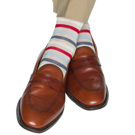 Dapper Classic Tan, Cream, Red, Sky Blue and Indigo Blue Quad Stripe Cotton Sock Linked Toe