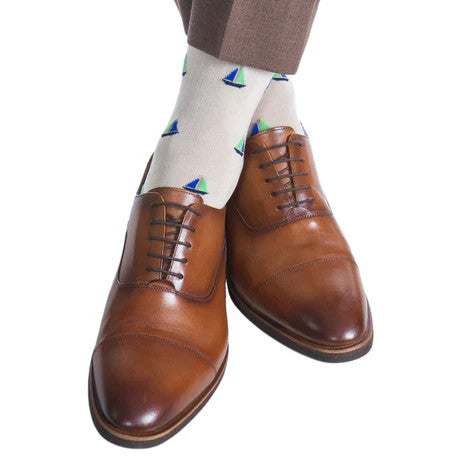 Dapper Classic Tan w/Cl. Navy/Cle.Blue/Grass Green and Taupe Sailboat Cotton Sock Linked Toe