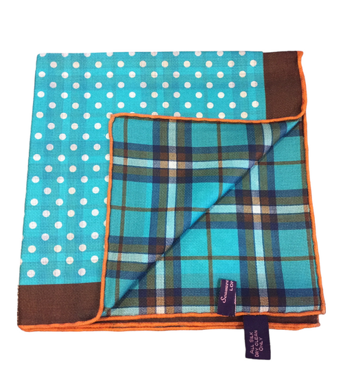 Seaward and Stearn Teal Polka Dot and Plaid Pocket Square