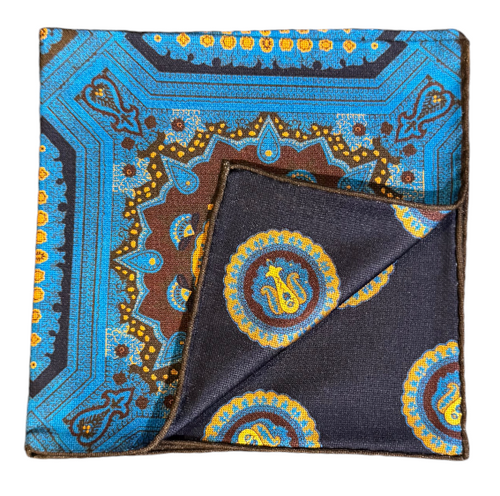 Seaward and Stearn Medallions Reversible Panama Silk Pocket Square: Aqua, Brown, and Navy