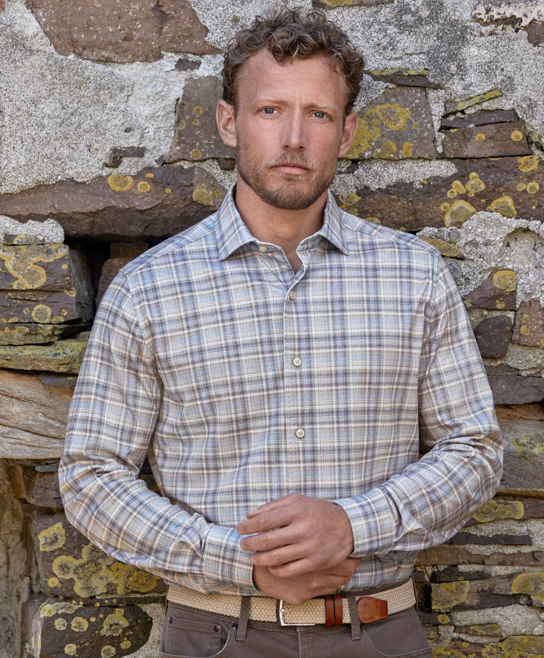 David Donahue Dune & Blue Plaid Knit Sport Shirt: Dune/Blue