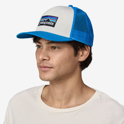 Patagonia P-6 Logo Trucker Hat: White with Vessel Blue