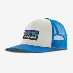 Patagonia P-6 Logo Trucker Hat: White with Vessel Blue