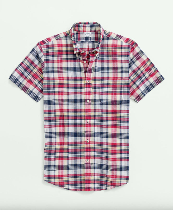 Brooks Brothers Washed Cotton Madras Short Sleeve Button-Down Collar Sport Shirt: White Multi