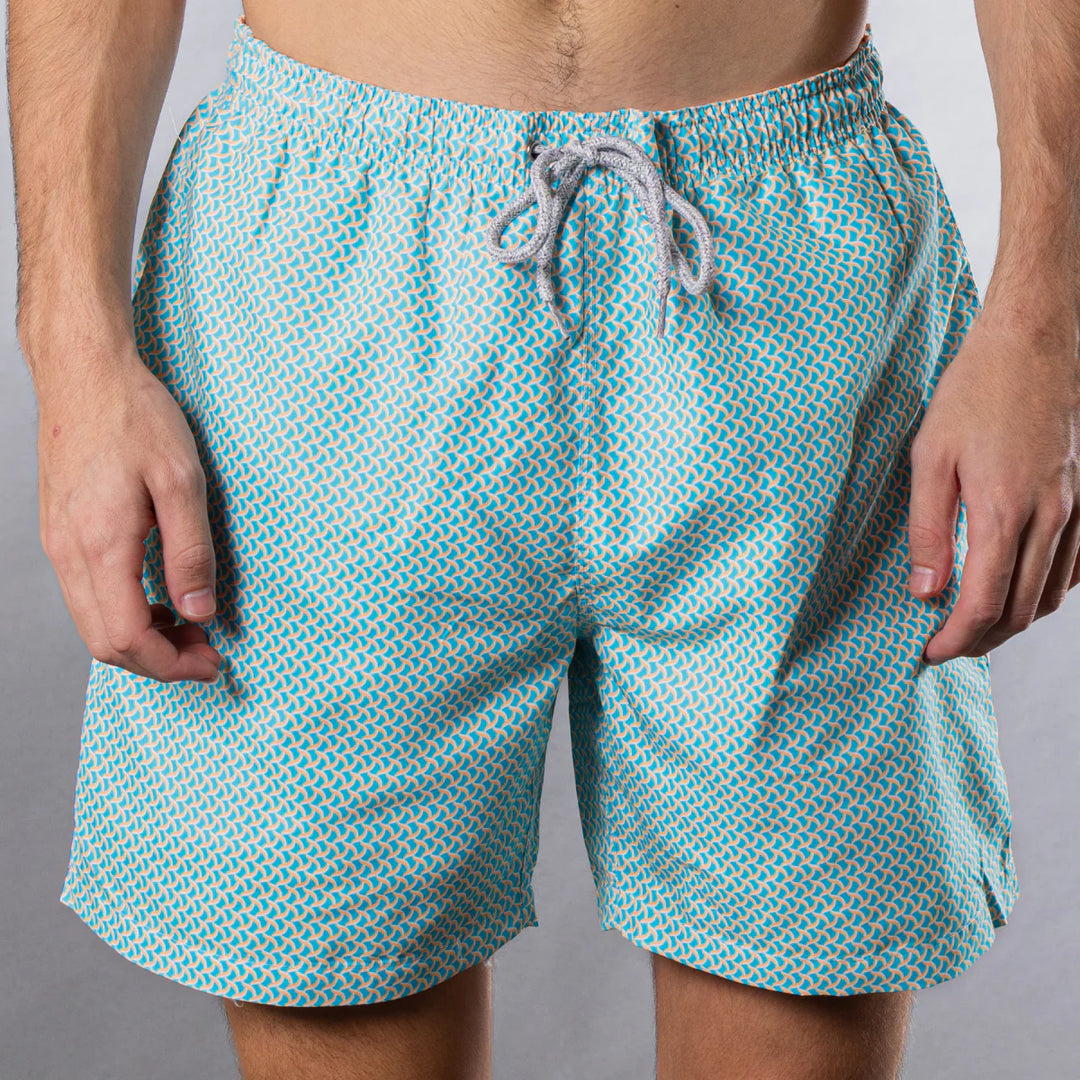 Michael's Men's Cyclist Liner Swim Trunk: Wave Print Aqua/Orange