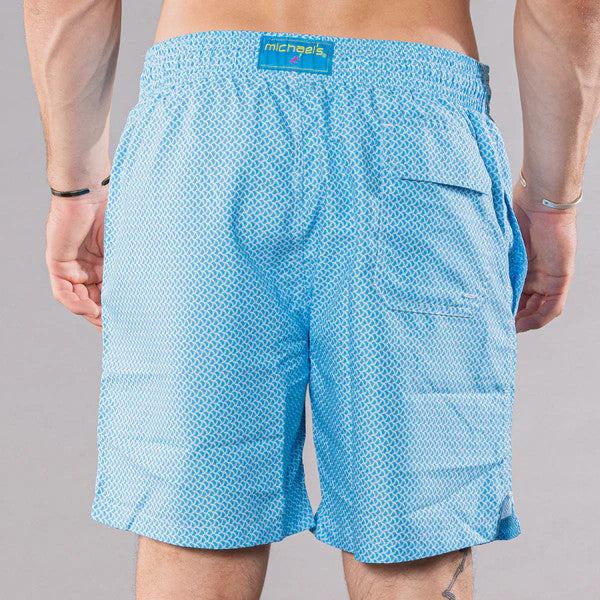 Michael's Men's Cyclist Liner Swim Trunks - Wave Print: Turquoise/Sky