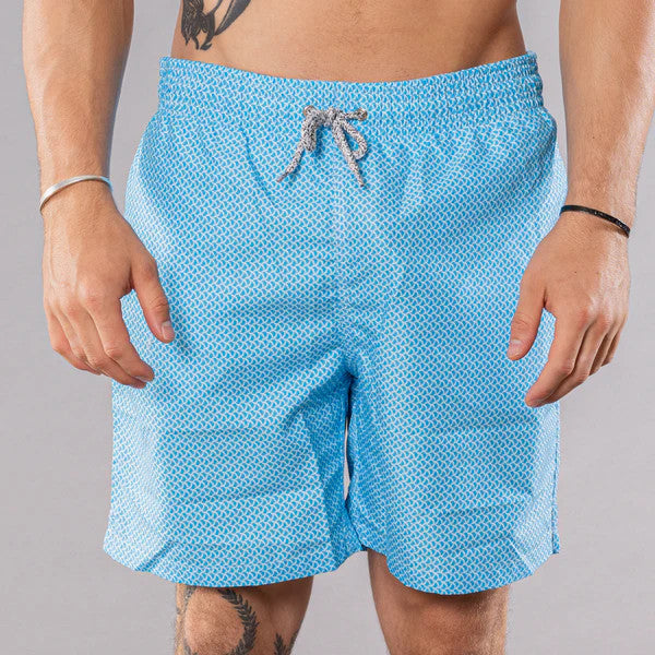 Michael's Men's Cyclist Liner Swim Trunks - Wave Print: Turquoise/Sky