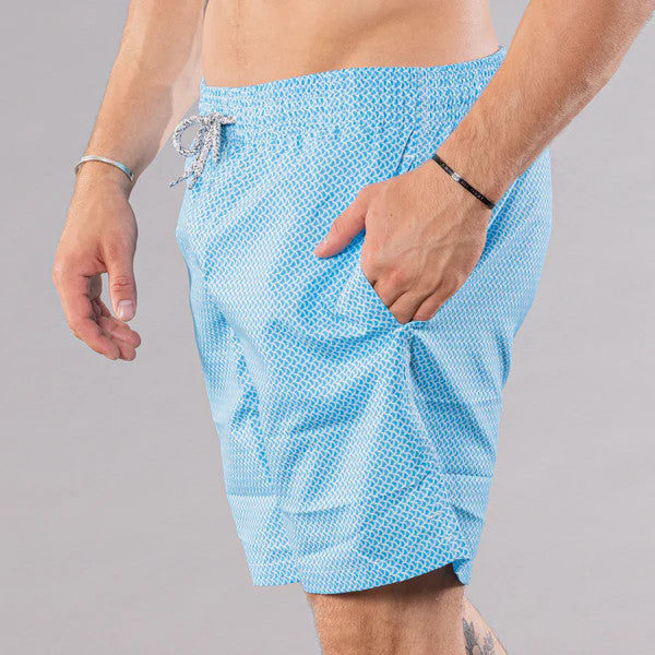 Michael's Men's Cyclist Liner Swim Trunks - Wave Print: Turquoise/Sky