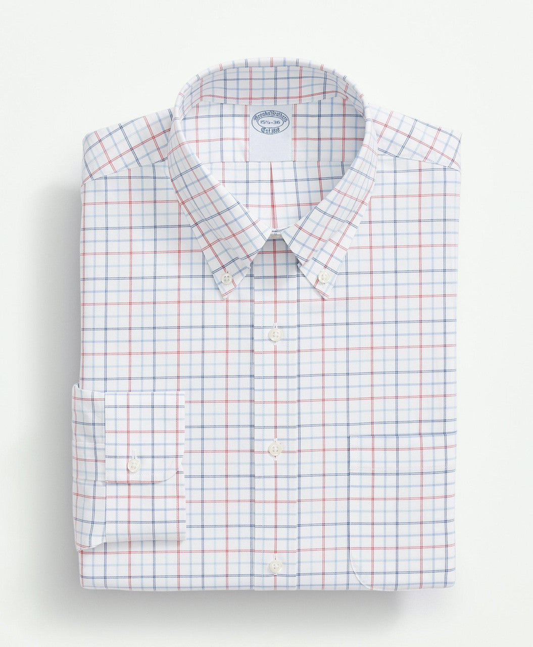 Brooks Brothers Regular Fit Stretch Supima® Cotton Non-Iron Poplin Polo Button Down Collar, Multi Windowpane Dress Shirt