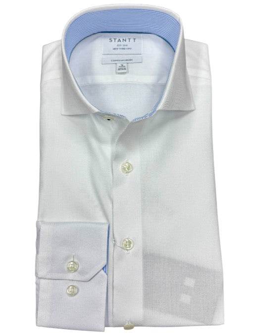 Stantt Ready To Wear White Herringbone Dress Shirt with Light Blue Stripe: Cutaway Spread Collar
