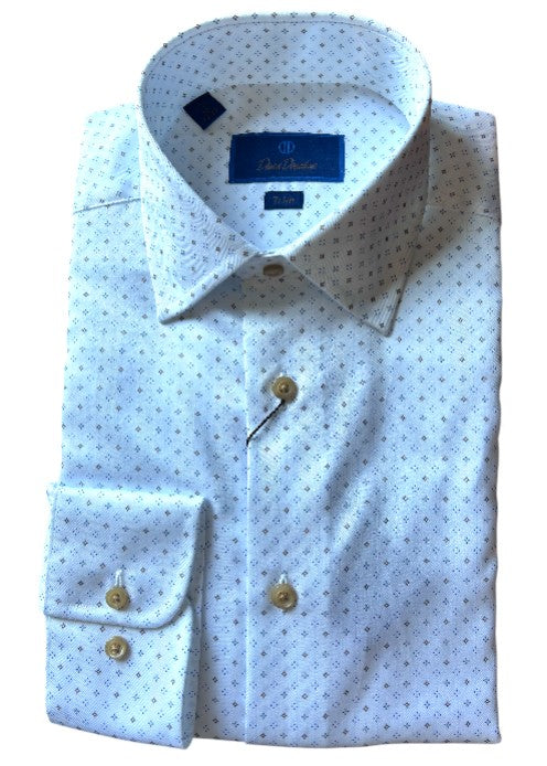 David Donahue Trim Fit White & Chocolate Dress Shirt