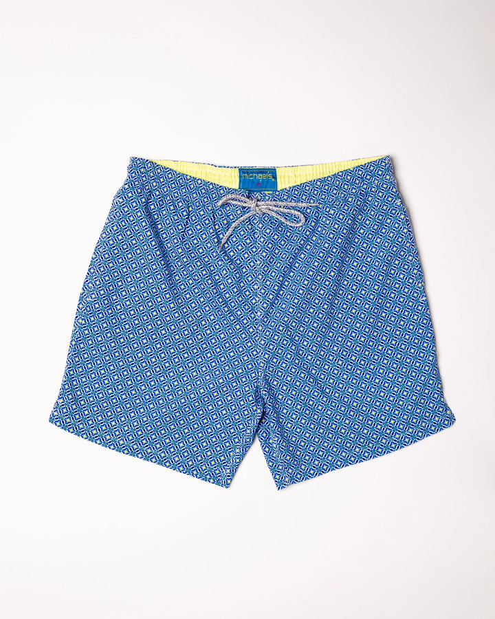 Michael's Men's Cyclist Liner Swim Trunks - Windmills: Navy/Yellow