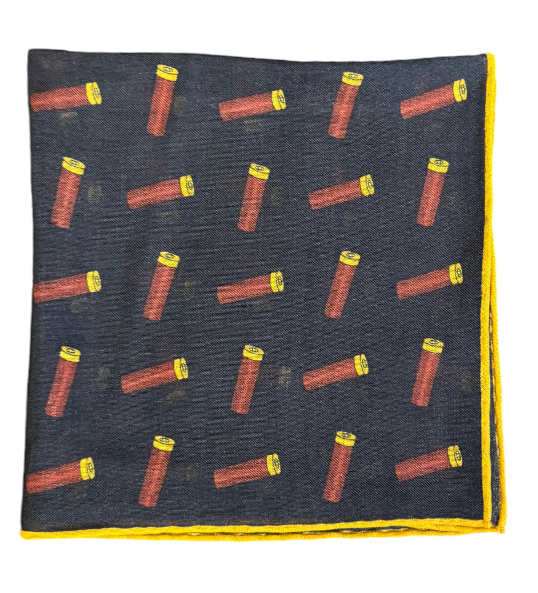 Seaward and Stearn Mustard Border Shotgun Shell Silk Pocket Square: Navy