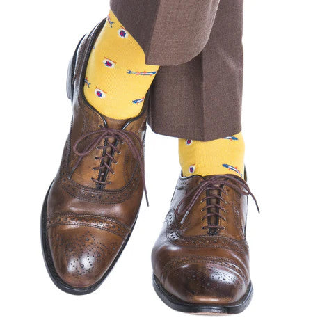 Dapper Classic Yolk with Clem Blue, Cream, Red and Orange Trout Cotton Sock Linked Toe