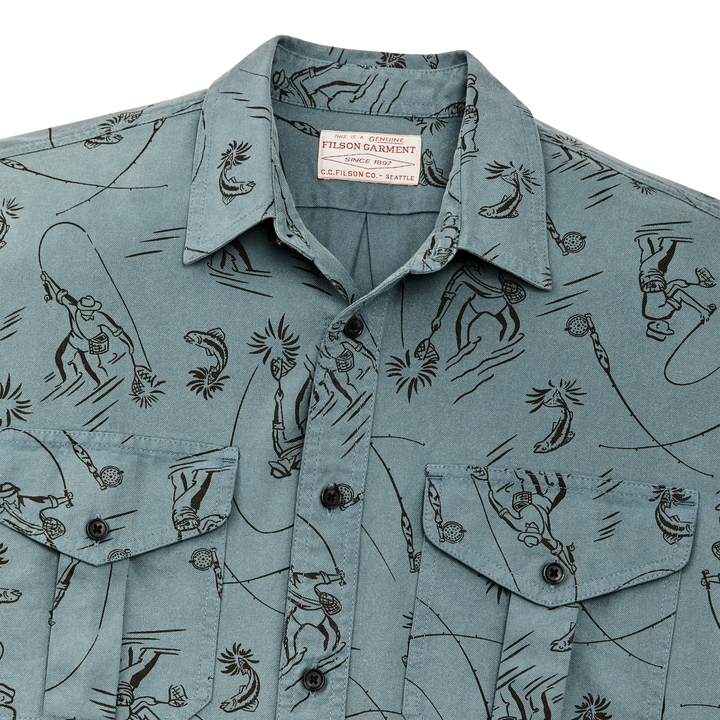 Filson Short Sleeve Lightweight Alaskan Guide Sport Shirt: Blue Gray/Fly Fishing