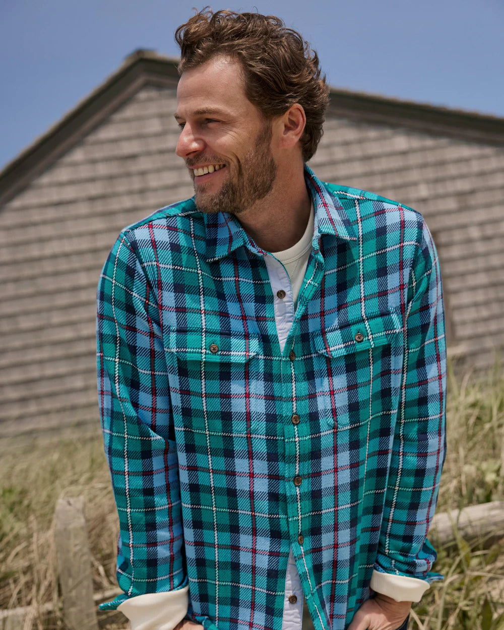Southern Tide Beach Bluff Plaid Twill Shirt: Spruce Shade