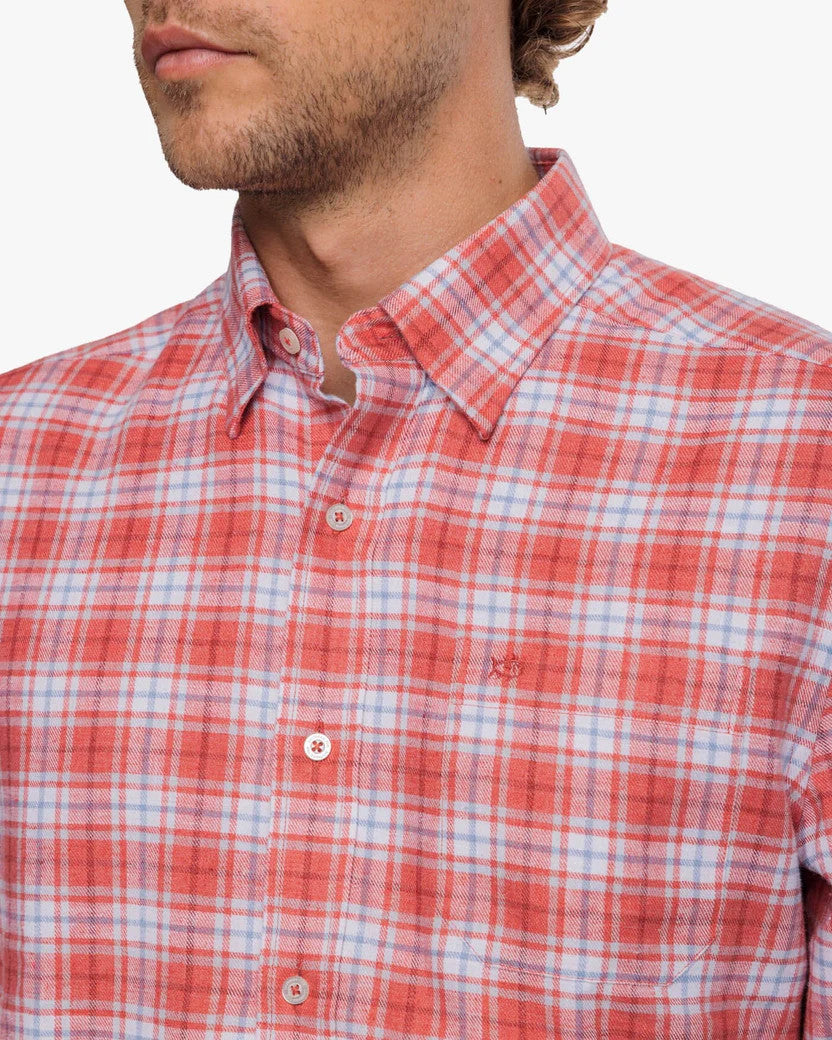 Southern Tide Beach Flannel Heather Howland Plaid Sport Shirt: Heather Dusty Coral