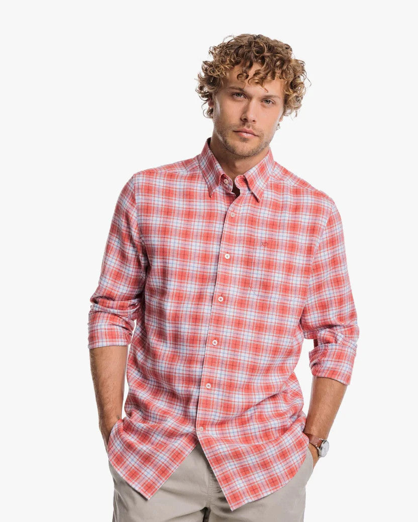 Southern Tide Beach Flannel Heather Howland Plaid Sport Shirt: Heather Dusty Coral