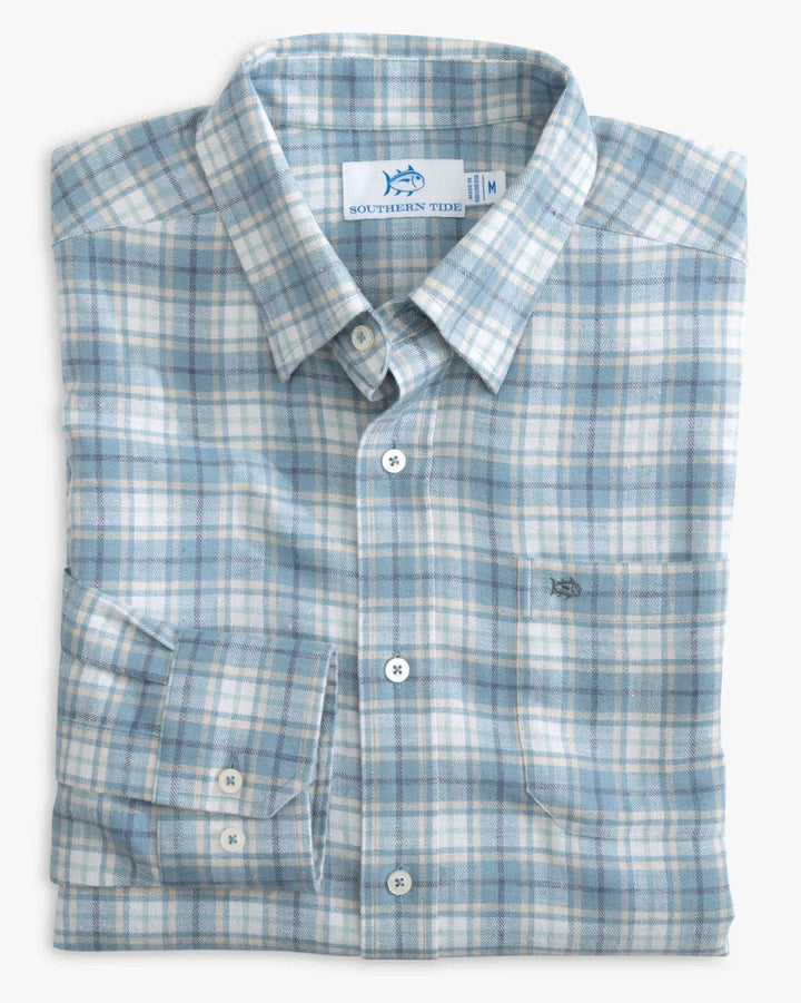 Southern Tide Beach Flannel Heather Howland Plaid Sport Shirt: Heather Mountain Spring Blue