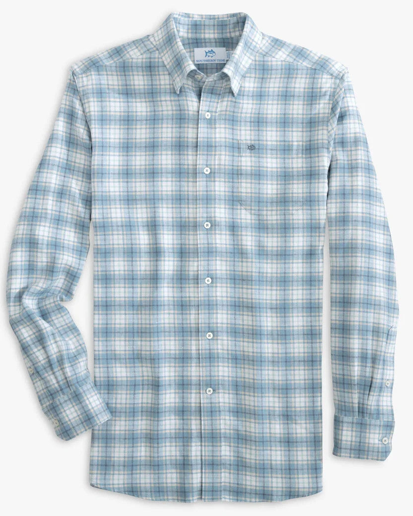 Southern Tide Beach Flannel Heather Howland Plaid Sport Shirt: Heather Mountain Spring Blue