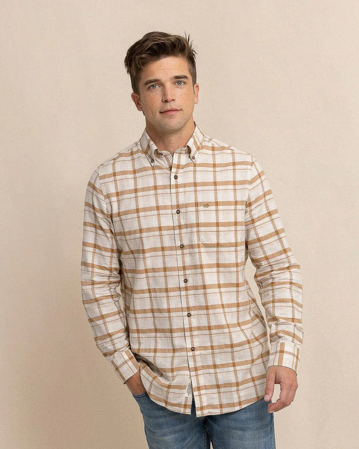 Southern Tide Botany Bay Plaid Long Sleeve Sport Shirt: Sand White