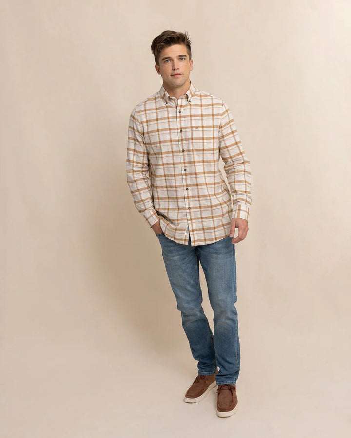 Southern Tide Botany Bay Plaid Long Sleeve Sport Shirt: Sand White