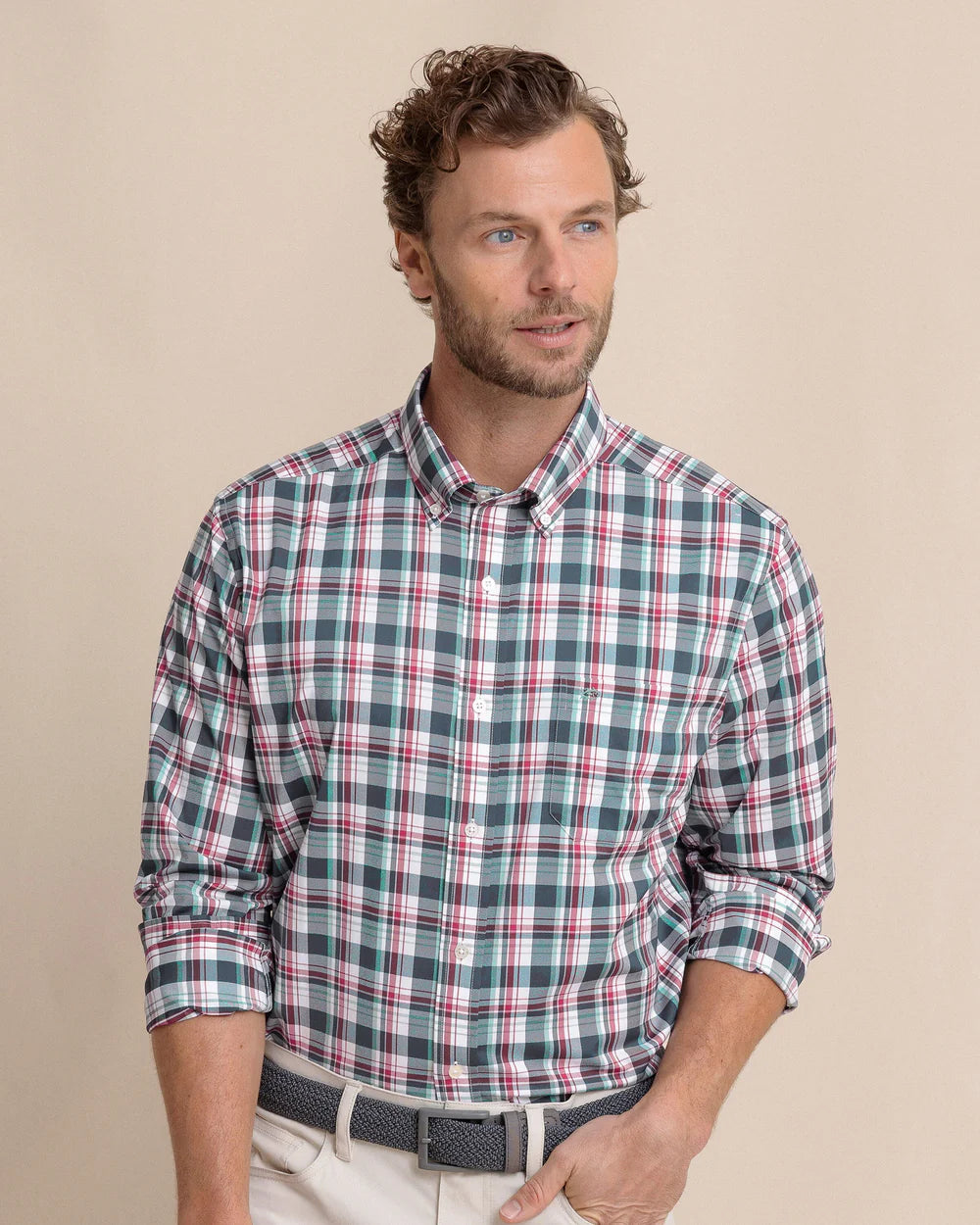 Southern Tide Breakwater Plaid brrr°® Intercoastal Long Sleeve Sport Shirt: Dress Blue