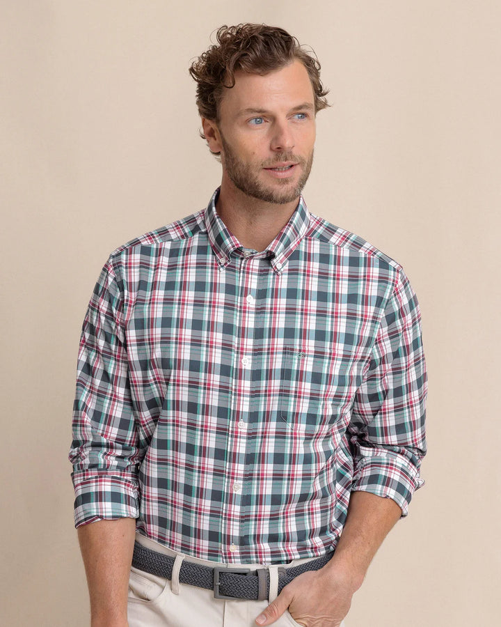 Southern Tide Breakwater Plaid brrr°® Intercoastal Long Sleeve Sport Shirt: Dress Blue