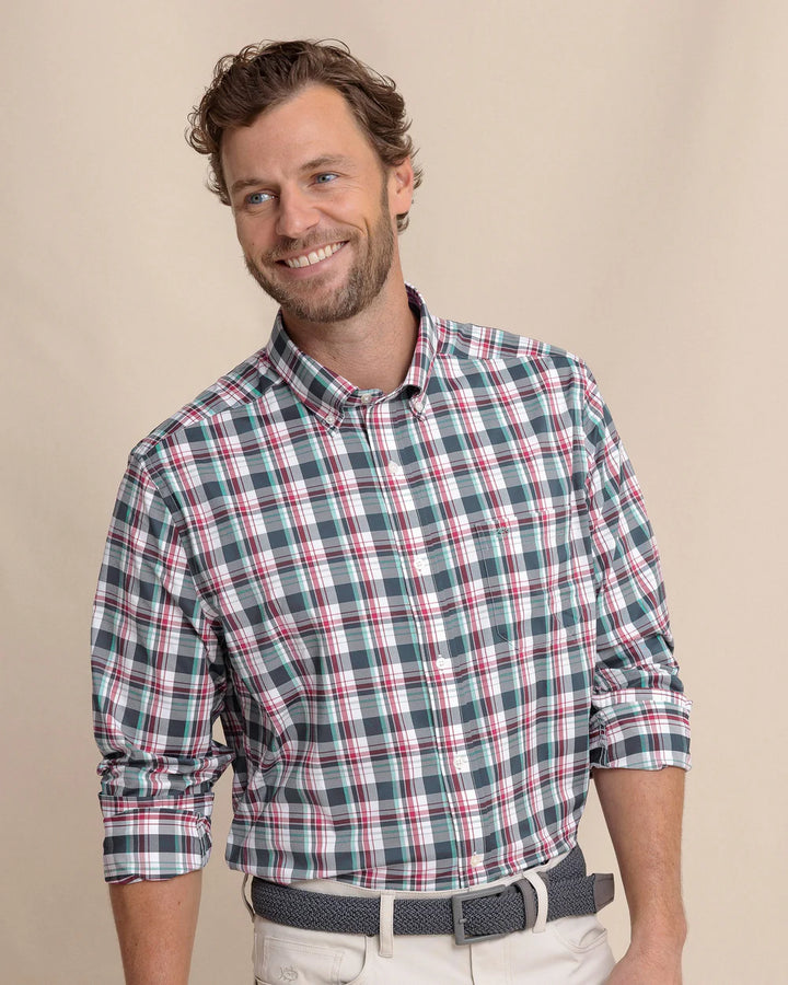 Southern Tide Breakwater Plaid brrr°® Intercoastal Long Sleeve Sport Shirt: Dress Blue