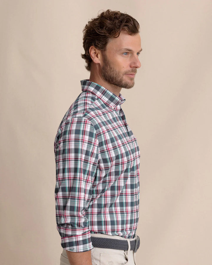 Southern Tide Breakwater Plaid brrr°® Intercoastal Long Sleeve Sport Shirt: Dress Blue
