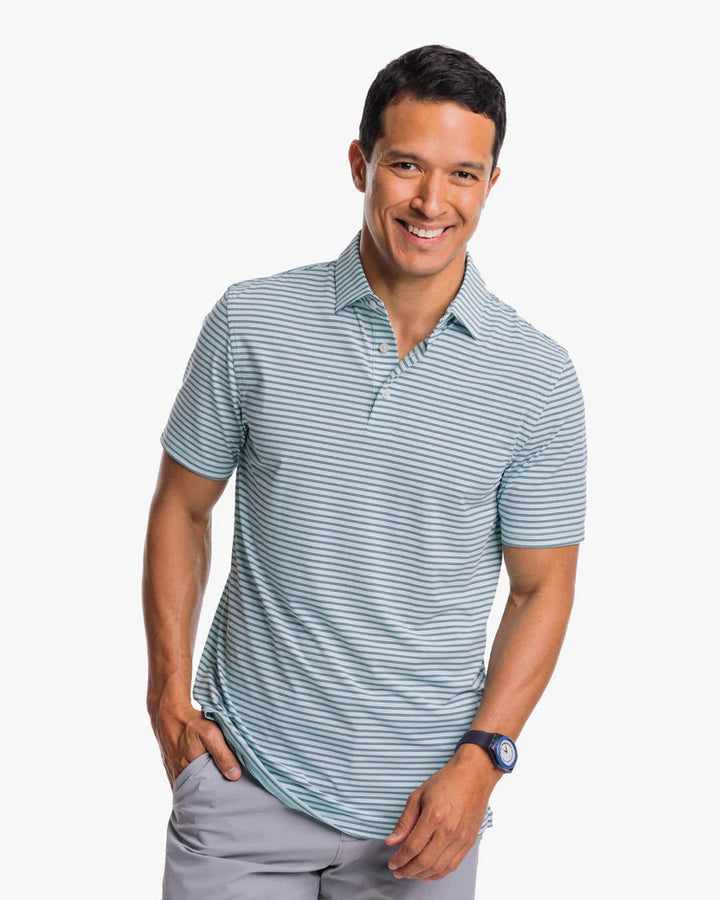 Southern Tide Brrreeze Harbourview Stripe Performance Polo Shirt:  Turquoise Sea