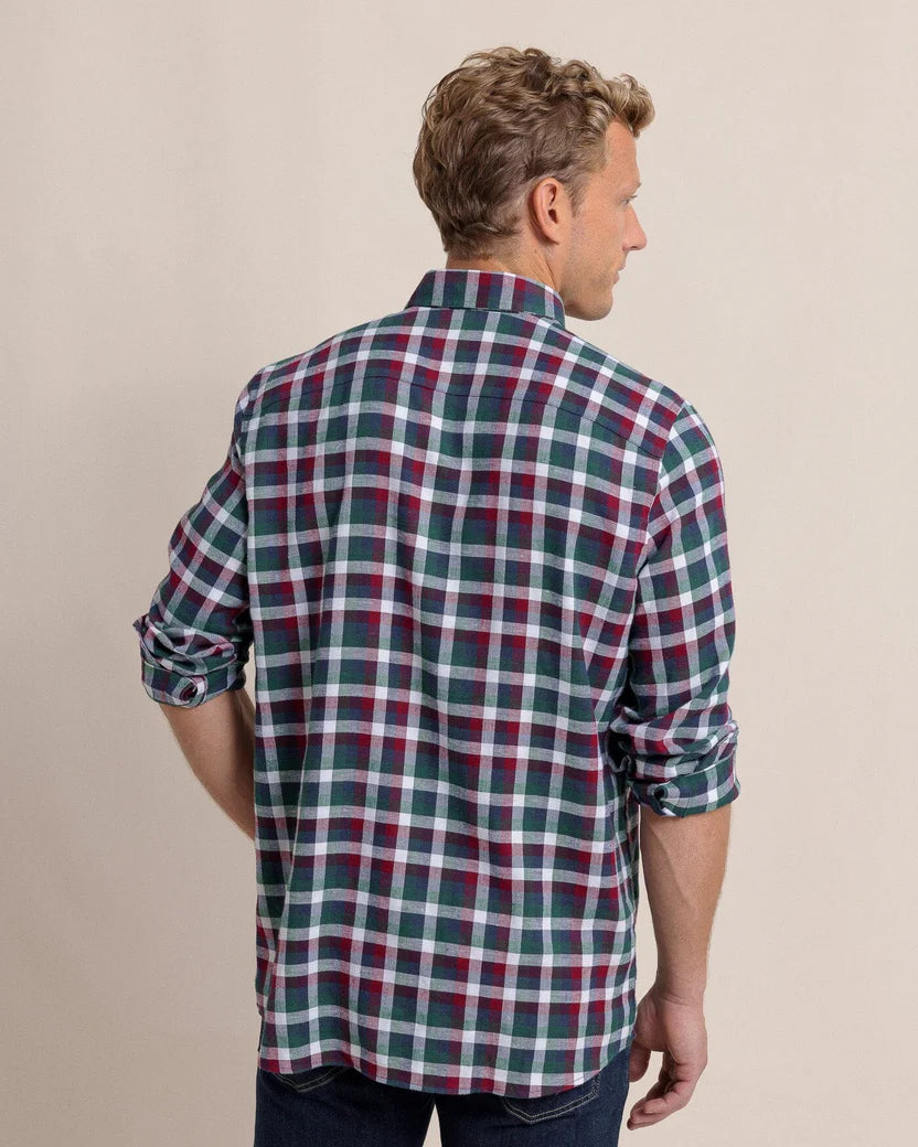 Southern Tide Cobblestone Plaid Beach Flannel Sport Shirt: Muscadine