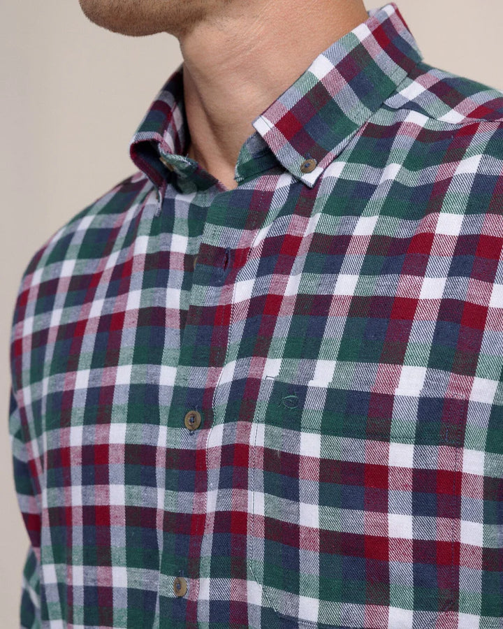 Southern Tide Cobblestone Plaid Beach Flannel Sport Shirt: Muscadine