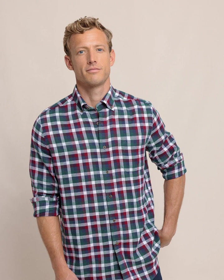 Southern Tide Cobblestone Plaid Beach Flannel Sport Shirt: Muscadine