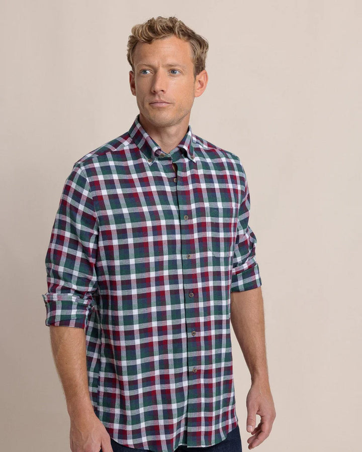 Southern Tide Cobblestone Plaid Beach Flannel Sport Shirt: Muscadine