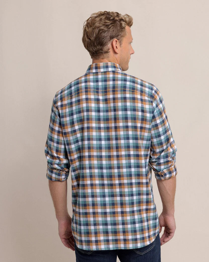 Southern Tide Cobblestone Plaid Beach Flannel Sport Shirt: Teal