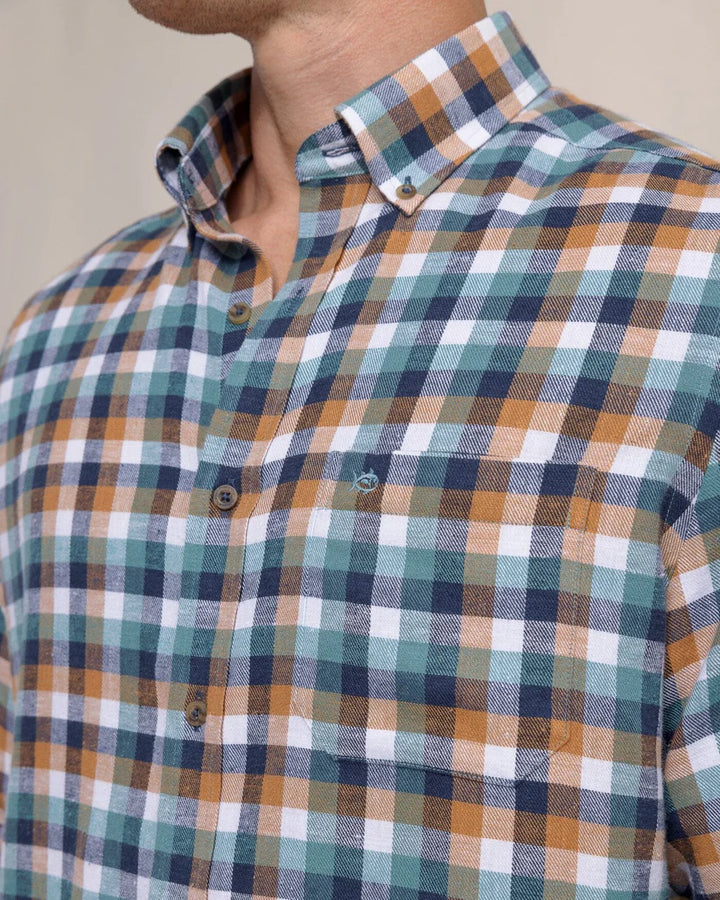 Southern Tide Cobblestone Plaid Beach Flannel Sport Shirt: Teal