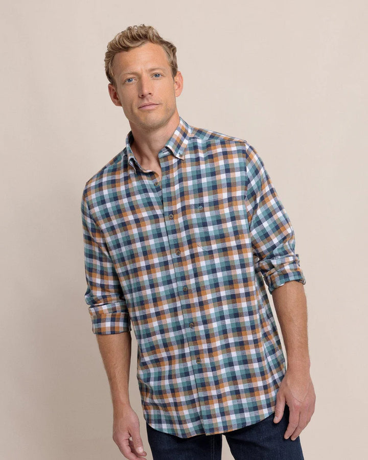 Southern Tide Cobblestone Plaid Beach Flannel Sport Shirt: Teal