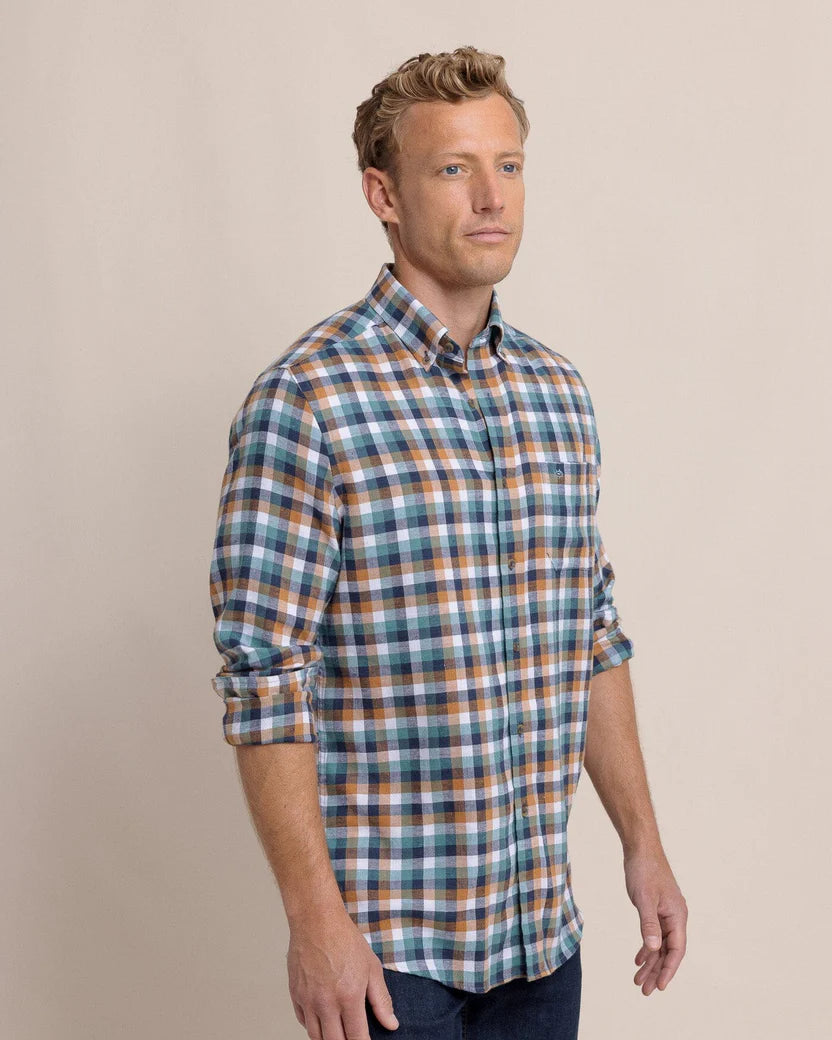 Southern Tide Cobblestone Plaid Beach Flannel Sport Shirt: Teal