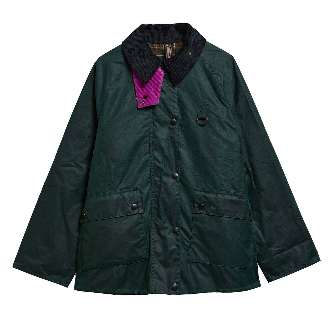Barbour x Paul Smith Women's Long Spey Wax Jacket: Bottle Green Heraldry Print