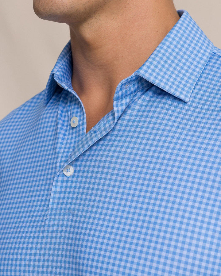 Southern Tide Driver Island View Gingham Printed Polo: Blue Stream