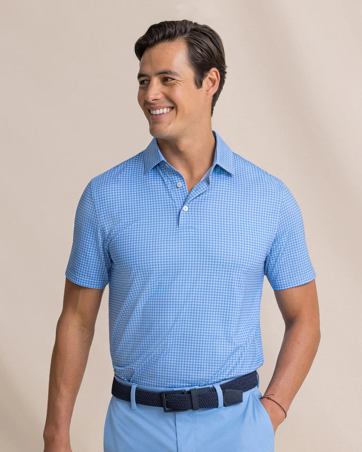 Southern Tide Driver Island View Gingham Printed Polo: Blue Stream